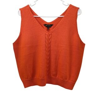 MING WANG Wool Blend Women Orange Cable Knit V Neck Sleeveless Sweater Vest XL